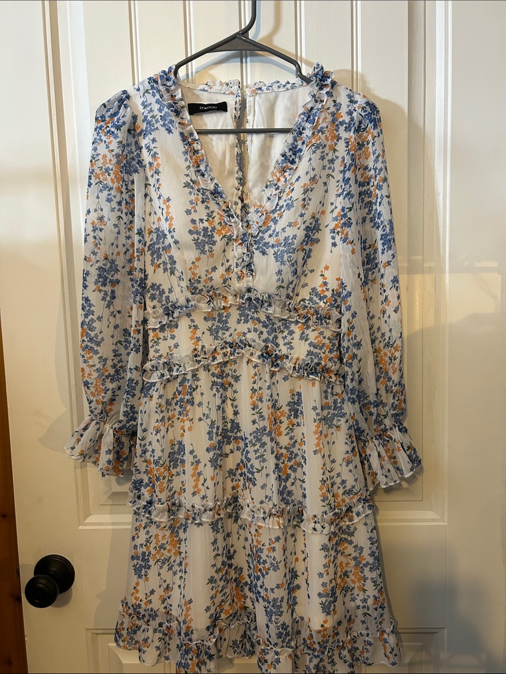 Pleated Floral Ruffle Tiered Long-Sleeve Dress - White with Blue & Yellow Floral